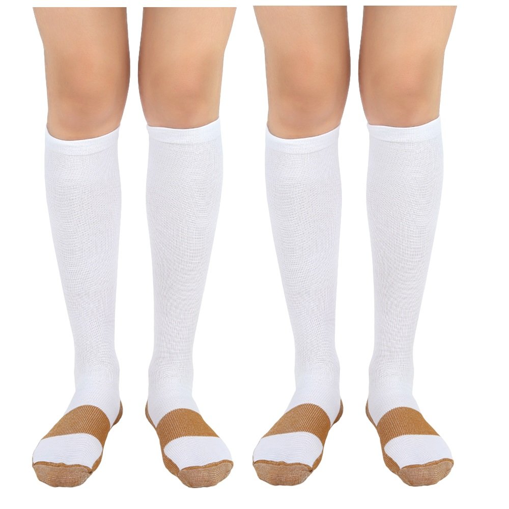 MojaSportsGraduated Compression Socks Support Stocking Men Women Athletic, Medical, Sport, Running, Flight, Travel, Nurse, Boost Performance, Blood Circulation & Recovery. (White/Copper, XXL, 2Pr)