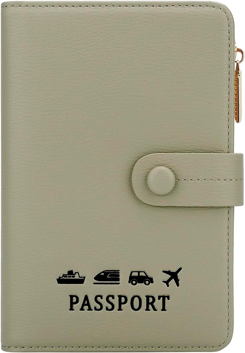 DOB SECHS Passport Holder Wallet for Women, Leather RFID Blocking Passport Cover Credit Cards Case Women Travel Accessories Organizer Pouch Bag with ID Window+Zippered Cash Pocket+SIM Slots, Green