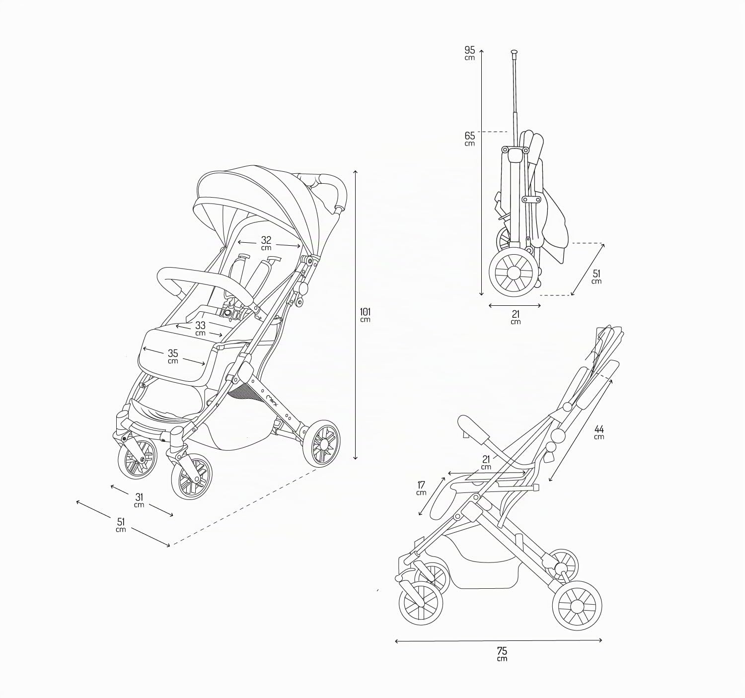 MoMi ESTELLE Poussette compacte légère et pliable dès 6 mois jusqu'à 15 kg, dossier inclinable, repose-pieds réglable, roues amorties, grand panier, harnais 5 points