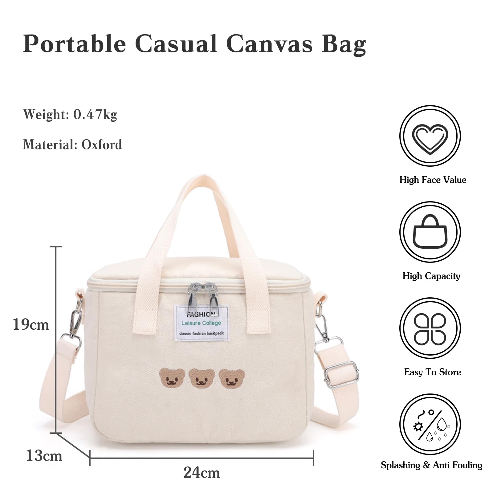 PORRASSO Lunch Bag Insulated Cooler Bag Crossbody Lunch Box Bag Storage Bag Waterproof Leak-Proof Cool Thermal Lunch Tote for Work Camping Outdoor BBQ Party White - Image 3