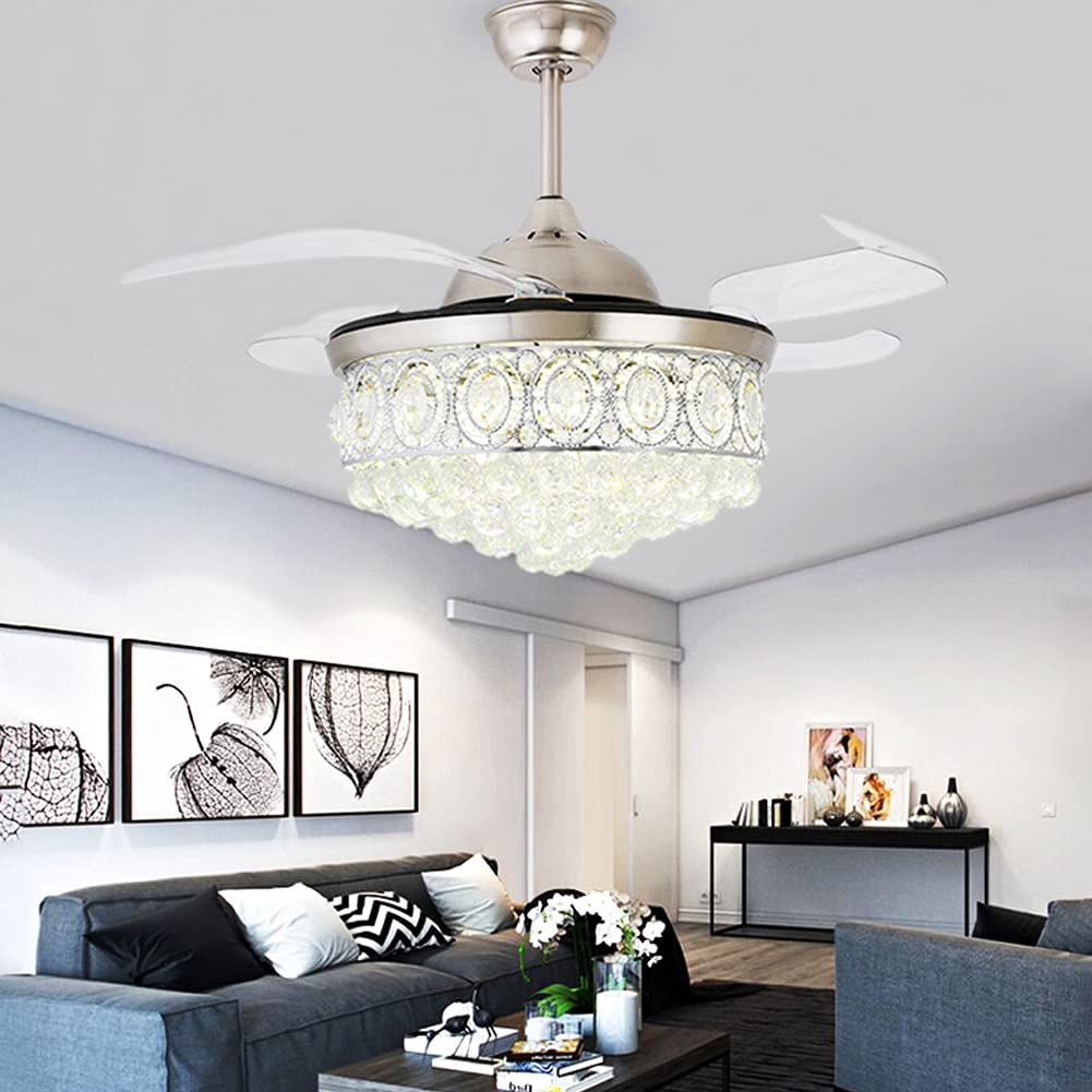 MoreChange 42" Crystal Chandelier Ceiling Fan with Lights, and Remote Control Retractable Blades Modern LED Fandelier Fan Lighting 3 Speeds 3 Color Changes,Fixtures for Living Room Bedroom(Silver)