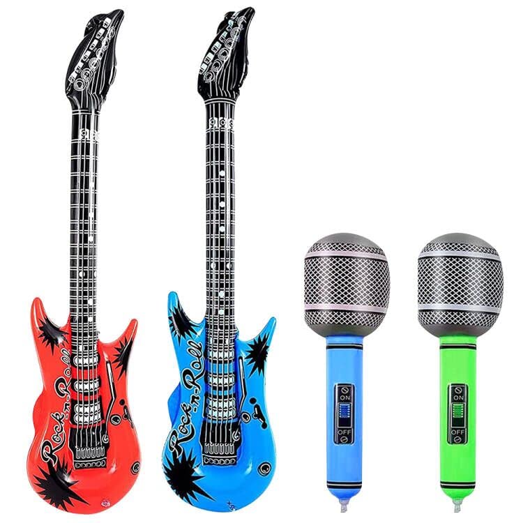 4pcs 100cm Guitar and 35cm Microphone Inflatable Balloons, Rock and Roll Musical Instruments Set for Adults Party Props Decorations