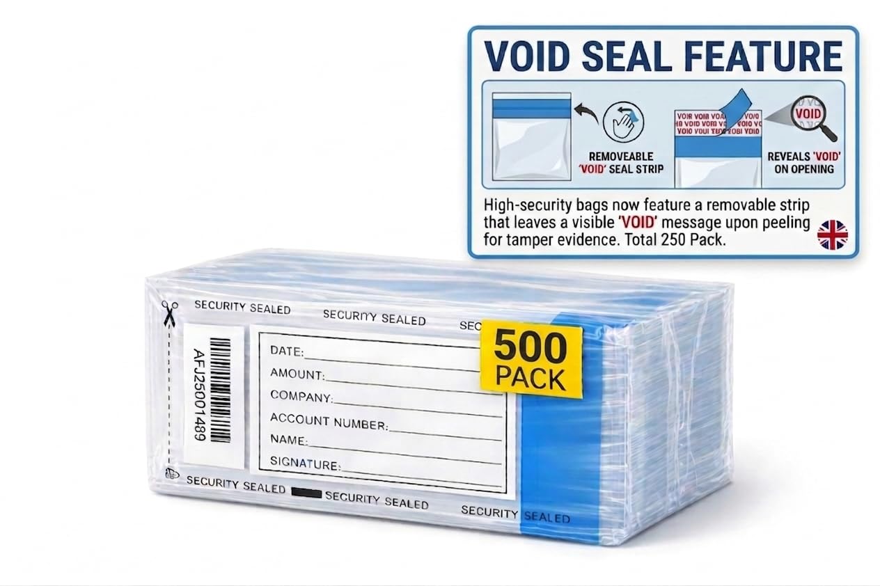 500 Tamper Proof Cash Bags for Banking | Money Bag for Banking UK, Secure Plastic Money Bags Sealable for Notes and Coins with Void Seal and Unique Serial Numbers Heather UK (500)
