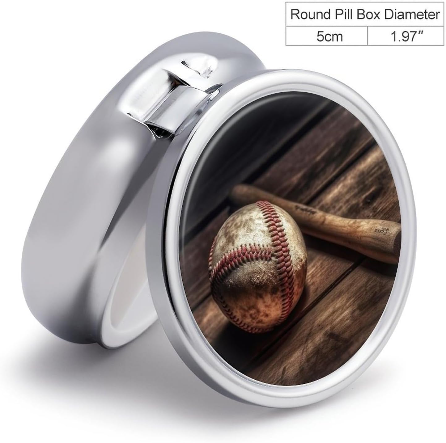 Round Daily Baseball On Wooden Pill Case with 3 Compartment & Mirror image 2