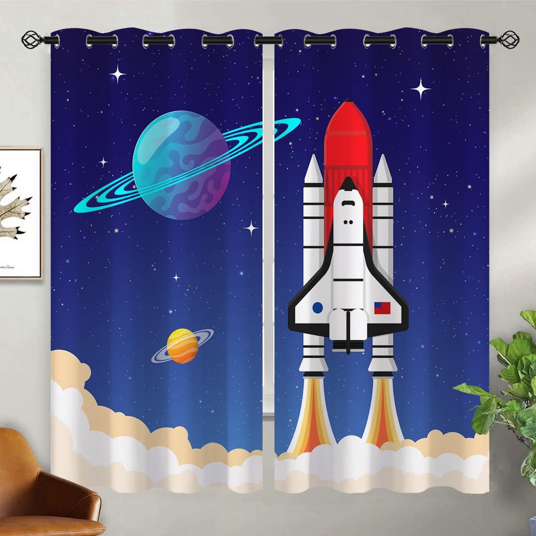 Space Blackout Curtains for Girls Boy Home Decor, Galaxy Rocket Spaceman Planets Grommet Thermal Insulated Drapes Darkening Window Curtain for Bedroom Living Room, 63 x 63 Inch