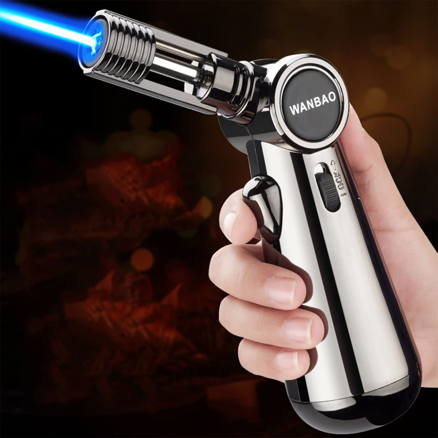 Encendedor de Butano Culinario A Prueba de Viento Cocina Antorcha de Turbina de Chorro con Bloqueo de Seguridad Llama Ajustable para Cigarro Barbacoa Soldadura Artesanía,Silver