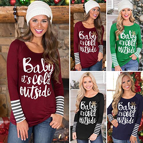 Women T-Shirt Blouse Baby It's Cold Outside Christmas Snowflake Funny O-Neck Tops Long Sleeve Baseball Tee Black