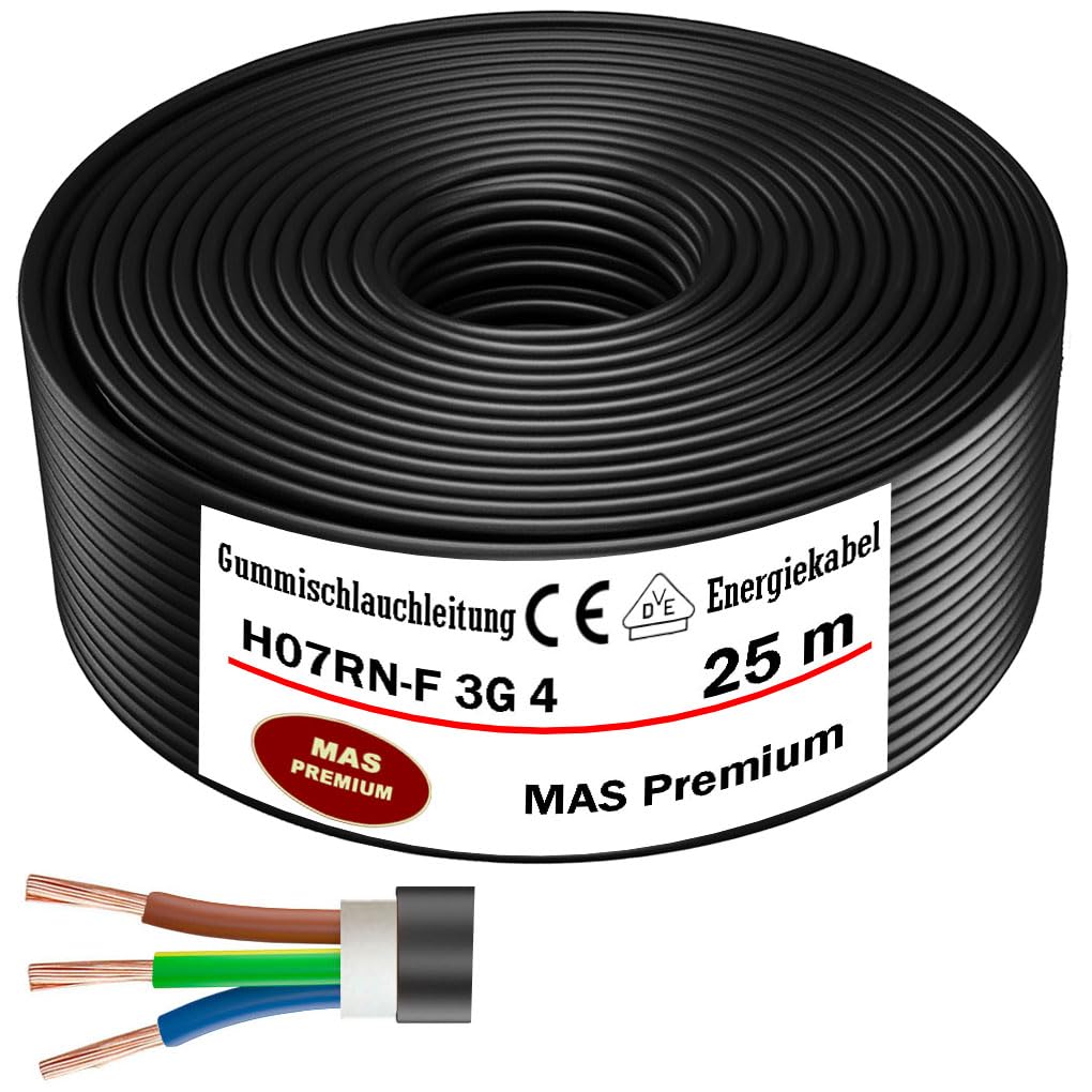 MAS Premium Cavo di alimentazione in gomma H07RN-F 3G, 4 mm², 25 m, Nero, 3 conduttori, per dispositivi pesanti, resistente a olio, raggi UV e ozono, max 750 V DC, da -30°C a 60°C