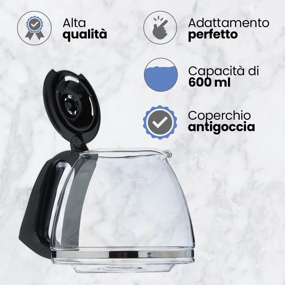 Anakel Home Ricambio caraffa caffettiera SS-201122 compatibile con caffettiera Moulinex Subito, Principio | 600 ml, per 4-6 tazze, con coperchio