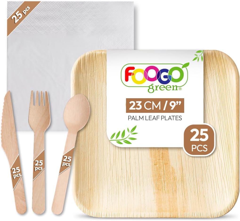 FOOGO Green 125pcs Disposable Palm Leaf Plates, Wooden Cutlery Set and White Napkins, FSC® Certified, 25x Large Square Plates, 25x Forks, 25x Knives, 25x Spoons, 25x White Napkins, Eco Friendly — image 1