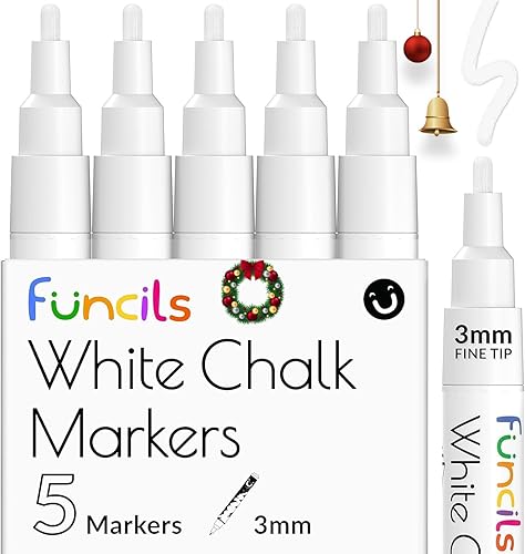 Marcadores de tiza blanca de punta fina (paquete de 5, punta reversible de 0.118 pulgadas) para pizarra, pizarra, ventanas de automóvil, vidrio,