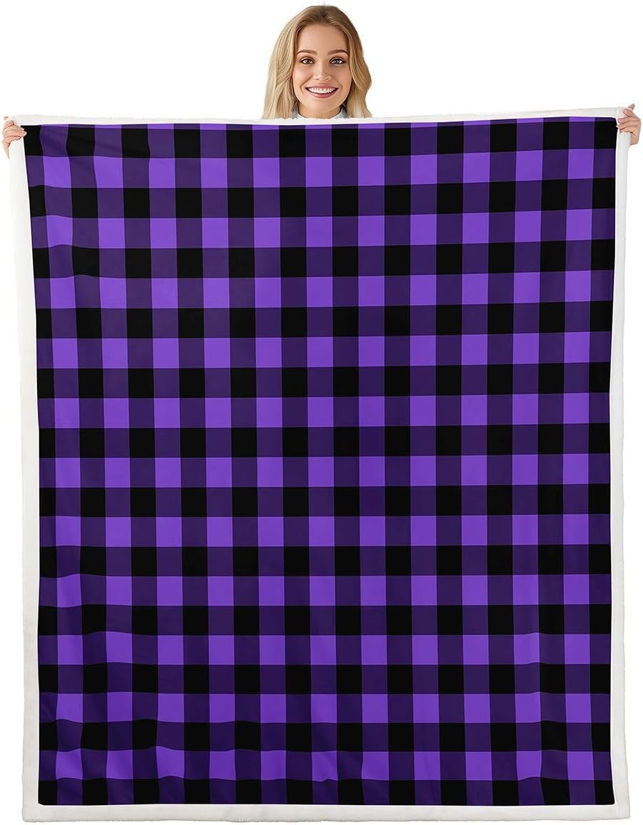 Castle Fairy Checkered Kids Throw Blanket,Geometric Stripes Buffalo Grid Bed Blanket,Classic Modern Art Theme Girls Boys Sofa Decor,Purple Fuzzy Blanket,40 x 50 Inches