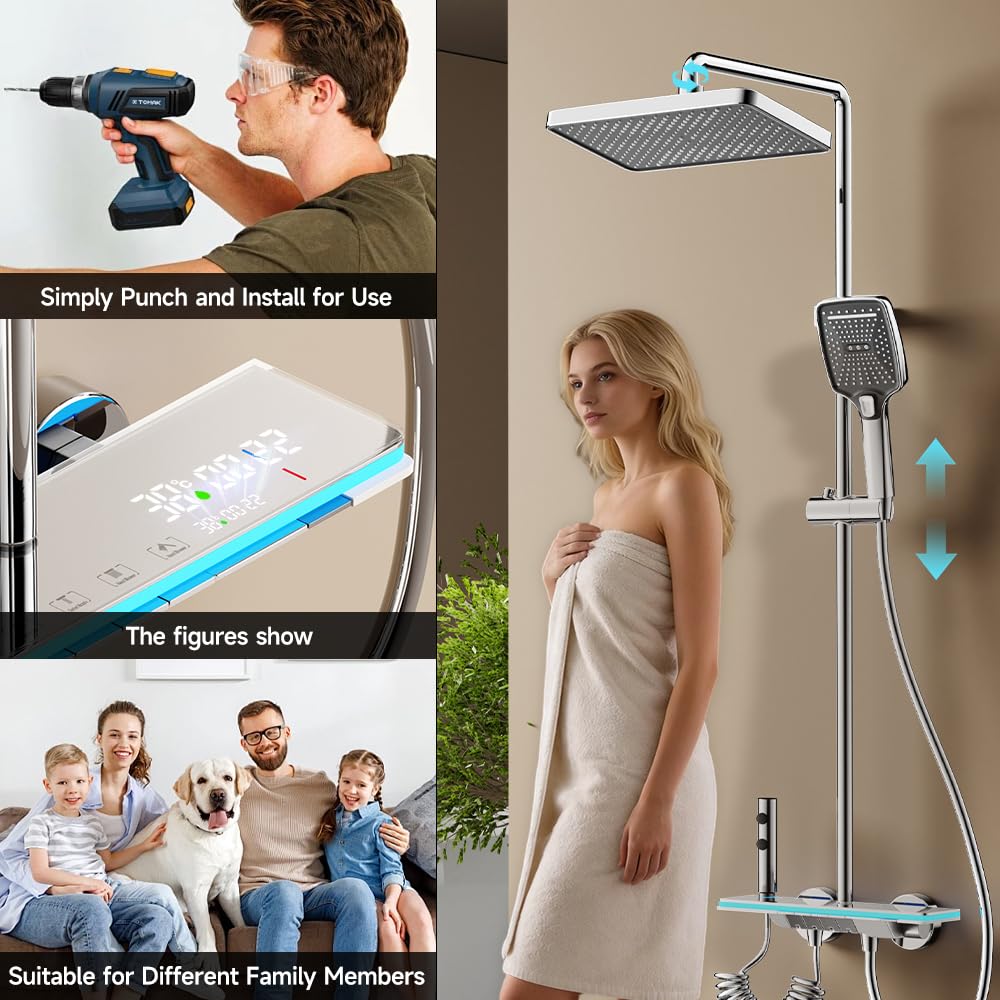 Kolumna prysznicowa z baterią, system prysznicowy z deszczownicą 30x20cm, ukryta wylewka do wanny, cyfrowy wyświetlacz LED, chrom