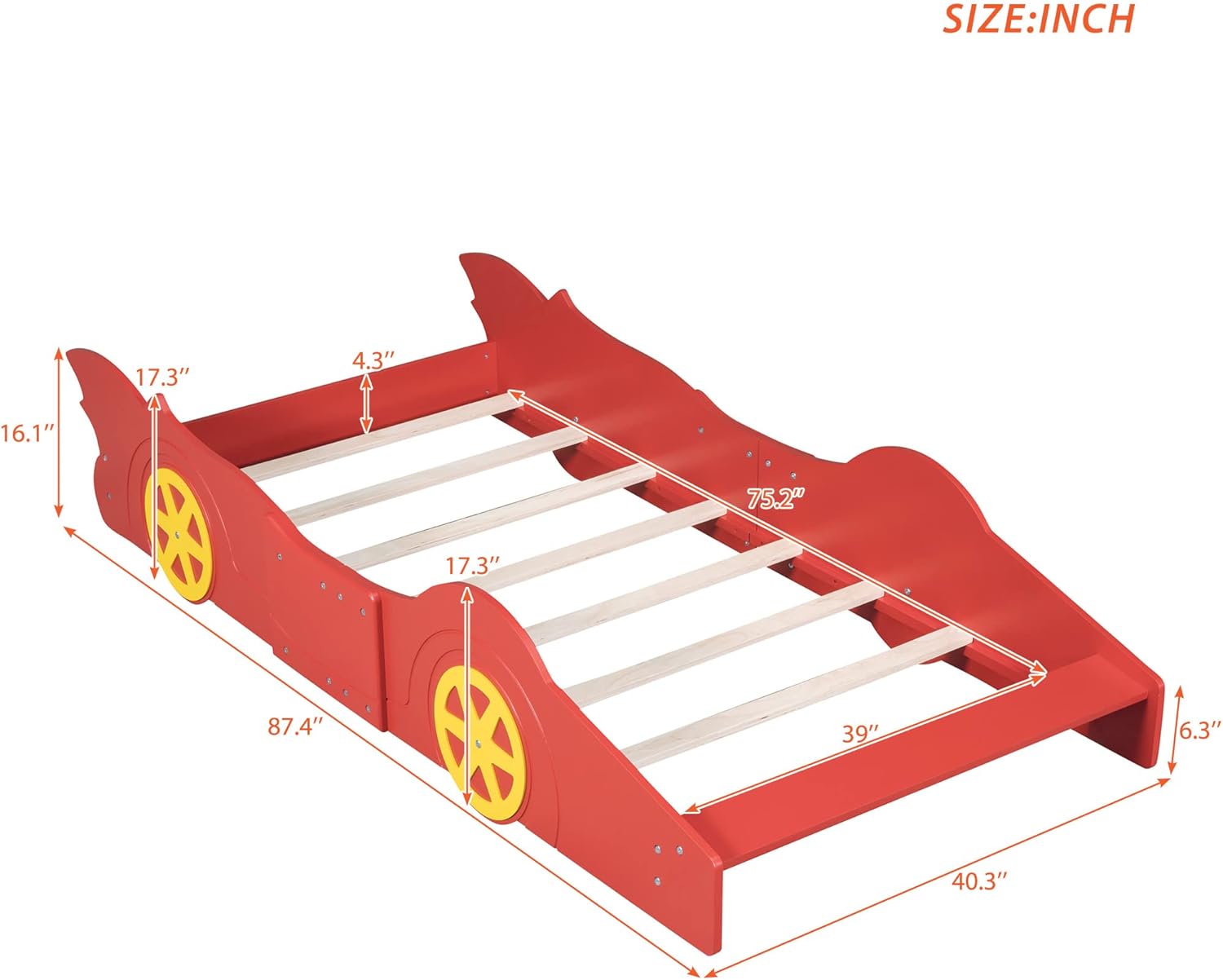 Race Car-Shaped Platform Bed Frame, Wood Bed Frame with Headboard, Bed Frame with Wheels, Strong Slat Support, No Box Spring Needed, Easy Assembly (Red, Twin)