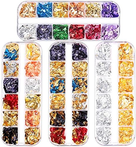 4 Boxes 48 Colors Foil Nail Chip Glitter, FANDAMEI Mixed Color Nail Foil Paillette, Nail Foil Flakes for Nail Art Decoration. Holographic Nail Foil Sequins for Nail DIY, Makeup, Graft.