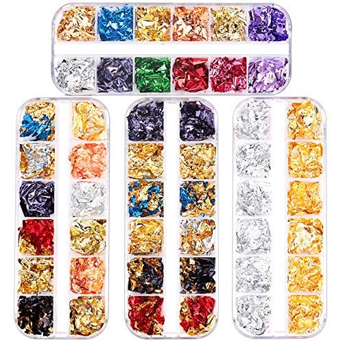 4 Boxes 48 Colors Foil Nail Chip Glitter, FANDAMEI Mixed Color Nail Foil Paillette, Nail Foil Flakes for Nail Art Decoration. Holographic Nail Foil Sequins for Nail DIY, Makeup, Graft.