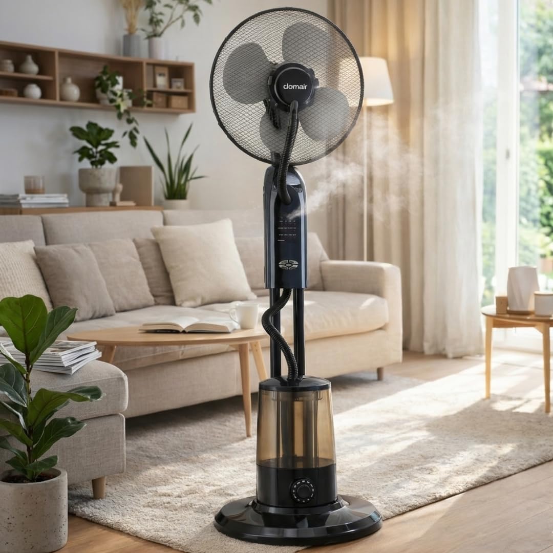 DOMAIR Ventilateur Brumisateur sur Pied avec Télécommande, Ventilateur Humidificateur Oscillant, 75 Watts, 3 Vitesses, 4 modes de ventilation, Mode Nuit, Minuterie, Diffusion de Brume, Noir
