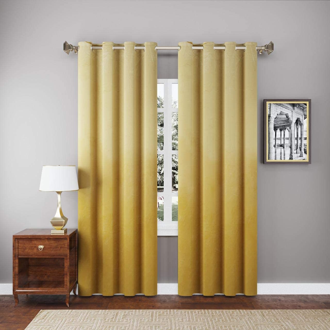 SHRI VYAS LINEN Velvet Curtains Grommet Room Darkening Blackout Curtain Pair with Eyelet Faux Silk Door Curtain Set for Bed Room, Living Room Kids Room - Set of 2 Pieces (7 Feet, Golden) (B0BRG5B74B) Amazon Price History, Amazon Price Tracker