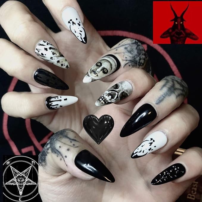 Black Skull Punk Full Cover Stiletto Nails for a Gothic Style