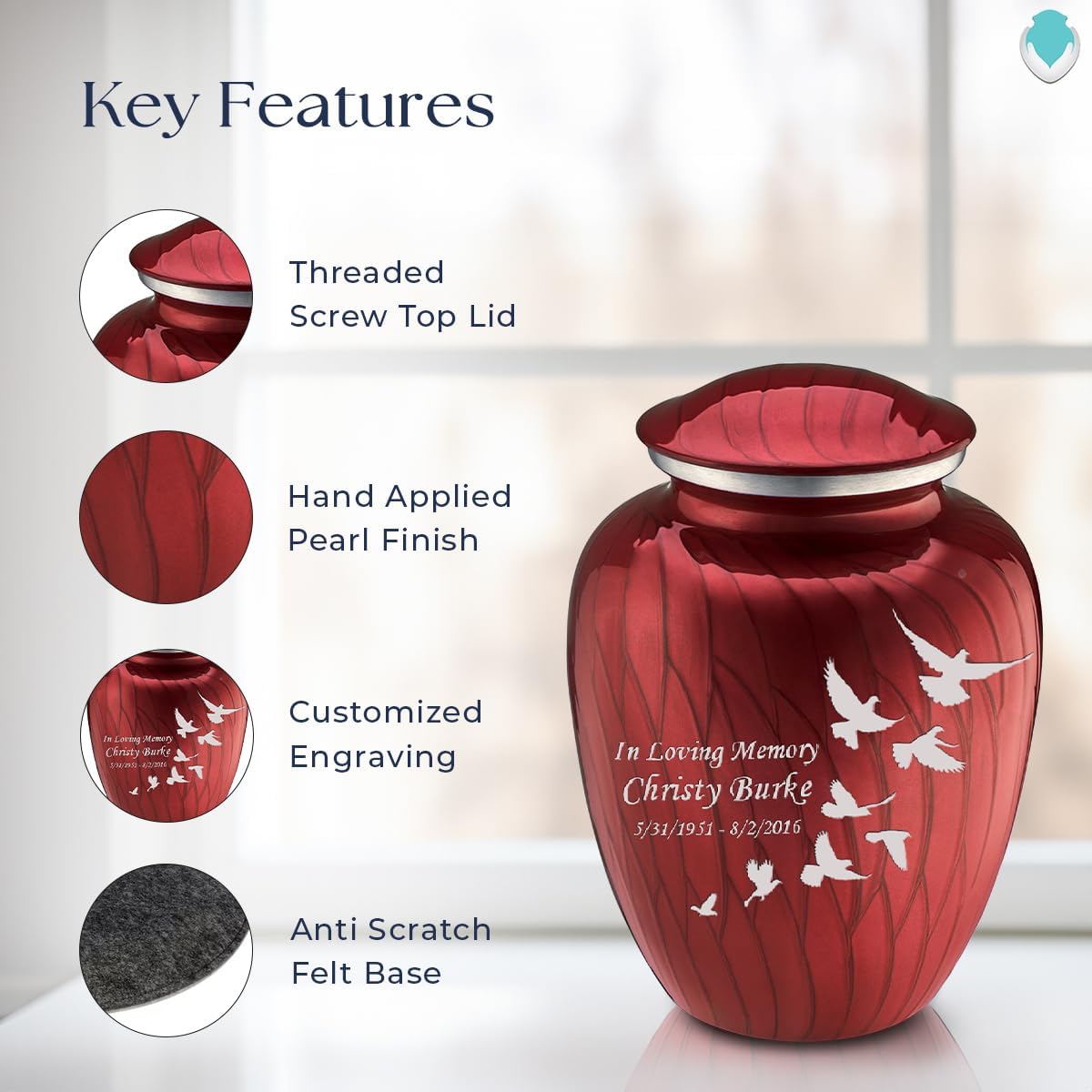 Geturns Embrace Adult Personalized Doves Cremation Urns for Human Ashes I Large Pearl Candy Red Funeral Urn for Men and Women I 200 lbs