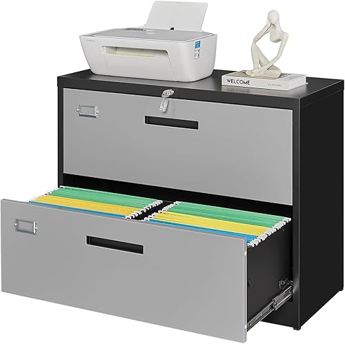 Archivador lateral de metal con cerradura, archivador de almacenamiento de 2 cajones con mecanismo antiinclinación, archivadores anchos para oficina