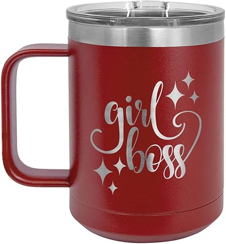 GIRL BOSS - Taza de café granate de 15 onzas con tapa deslizante  Taza de café de viaje aislada  Ideas de regalo únicas de mujeres u hombres