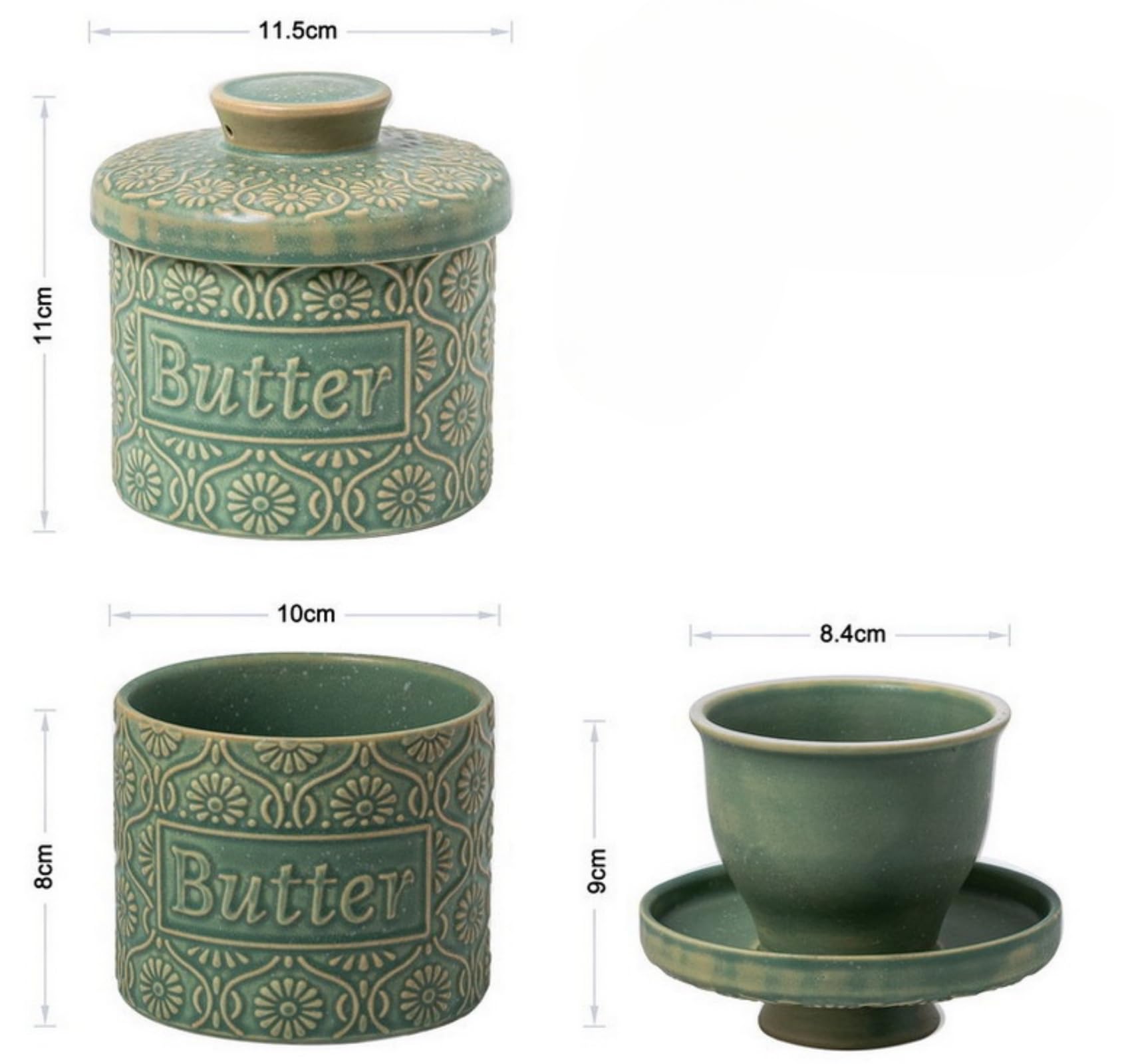 French Butter Dish with Lid, Butter Crock for Counter with Water Line, Ceramic Butter Keeper for Spreadable Butter, Home Kitchen Gift Butter Holder (Green, 6 oz)