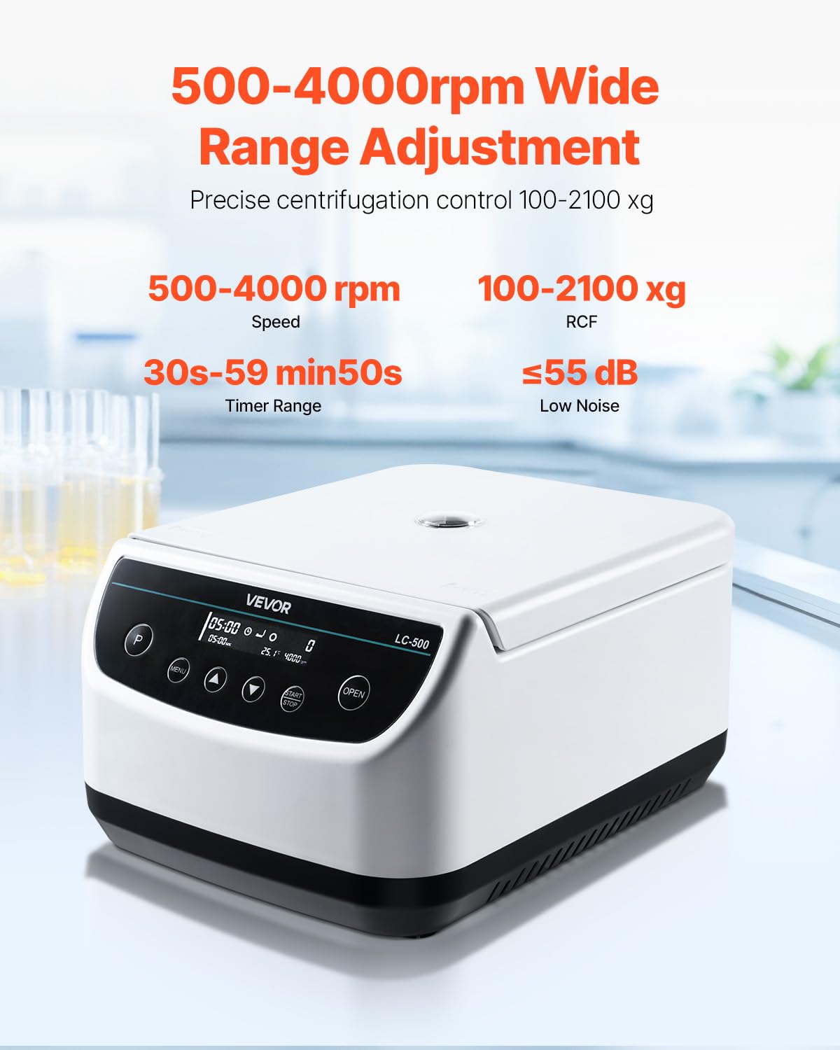 VEVOR Centrifuga da Laboratorio Elettrica 100-2100 xg RCF con Rotore per Provette da 2/5/10/15/50 ml, Velocità Regolabile da 500 a 4000 Giri/min, Bassa Rumorosità per Esperimenti di Laboratorio