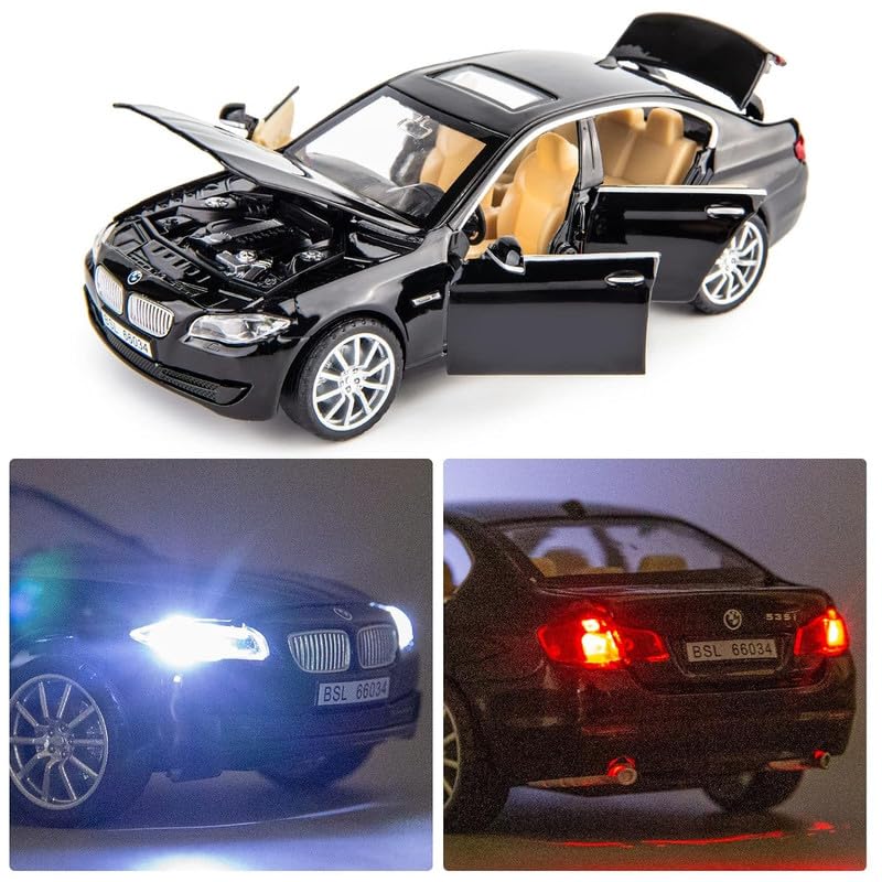 Image of Kids Model 1:32 BM 535I Die Cast Metal Car Pull Back Action Opening Doors with Realistic Engine Sound Lights Toy Car Gift for Boys - Black