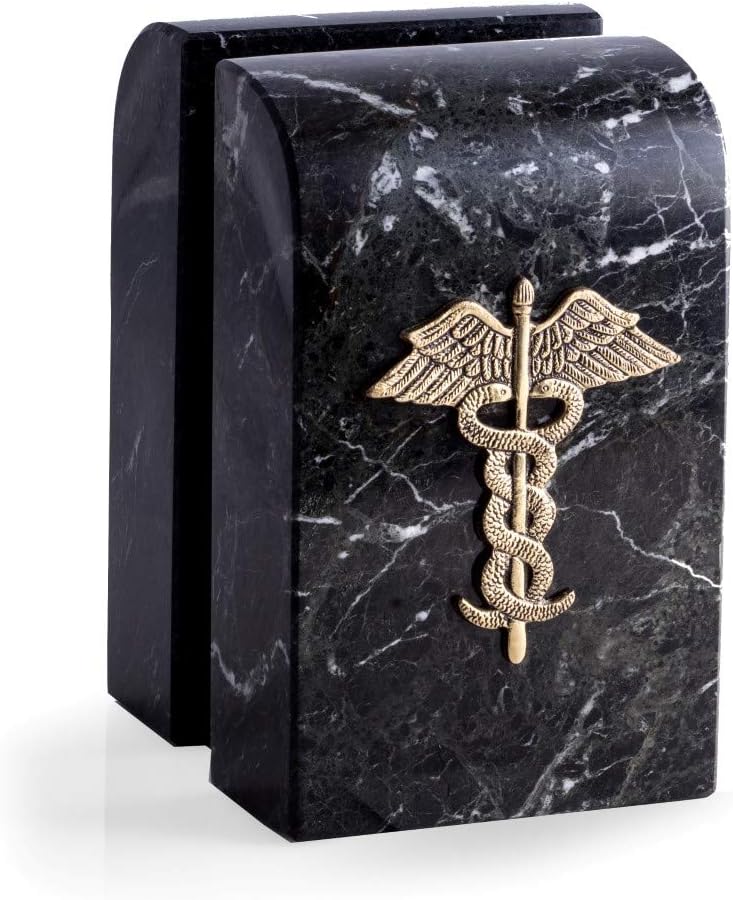 Bey-Berk Apollo Zebra Marble Caduceus Bookends (Black, Set of 2), 4" x 2" x 6.5" Curved Solid Stone Book Ends, 8 lb Medical Office Decor