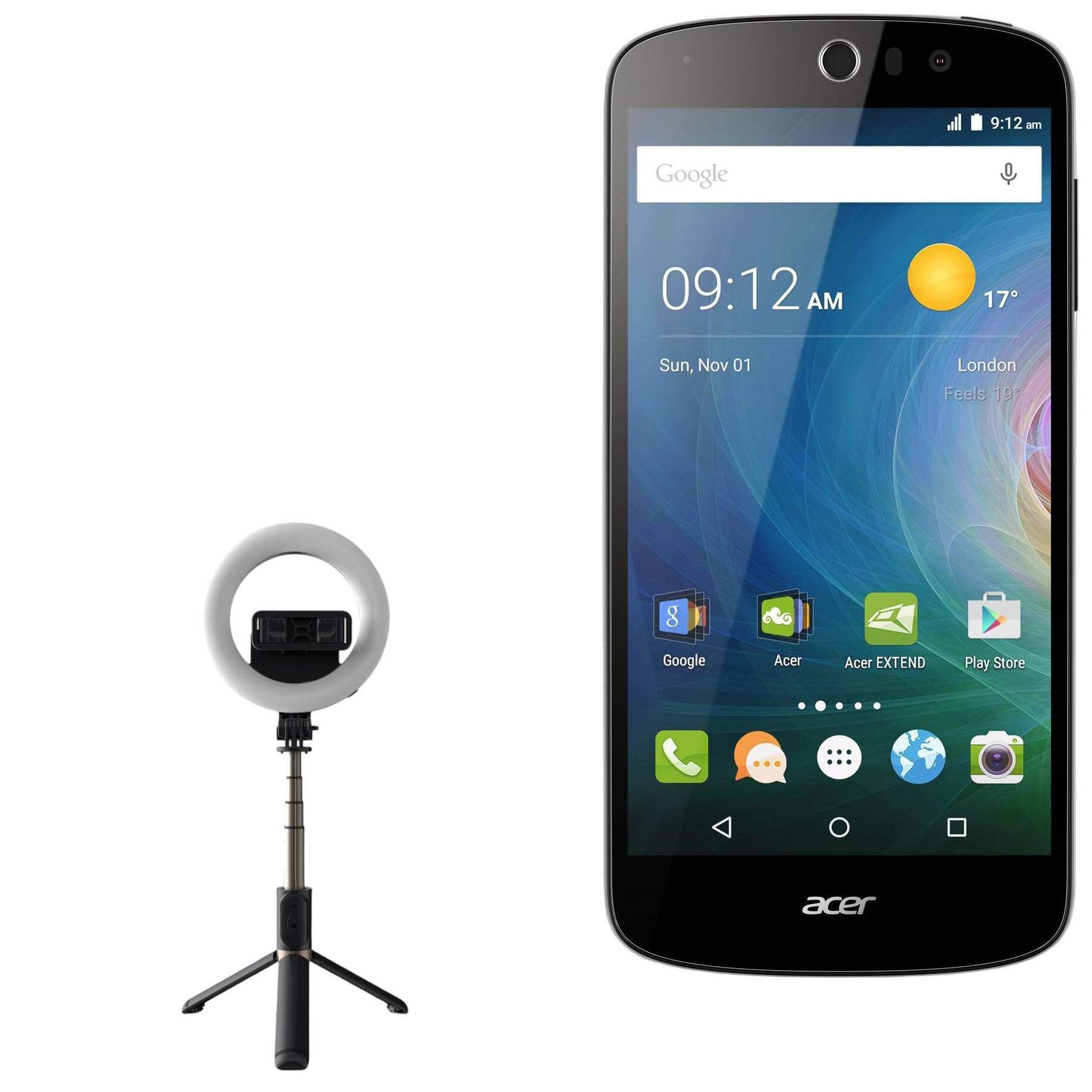 BoxWave Stand and Mount Compatible with Acer Liquid Z530 - RingLight SelfiePod, Selfie Stick Extendable Arm with Ring Light - Jet Black