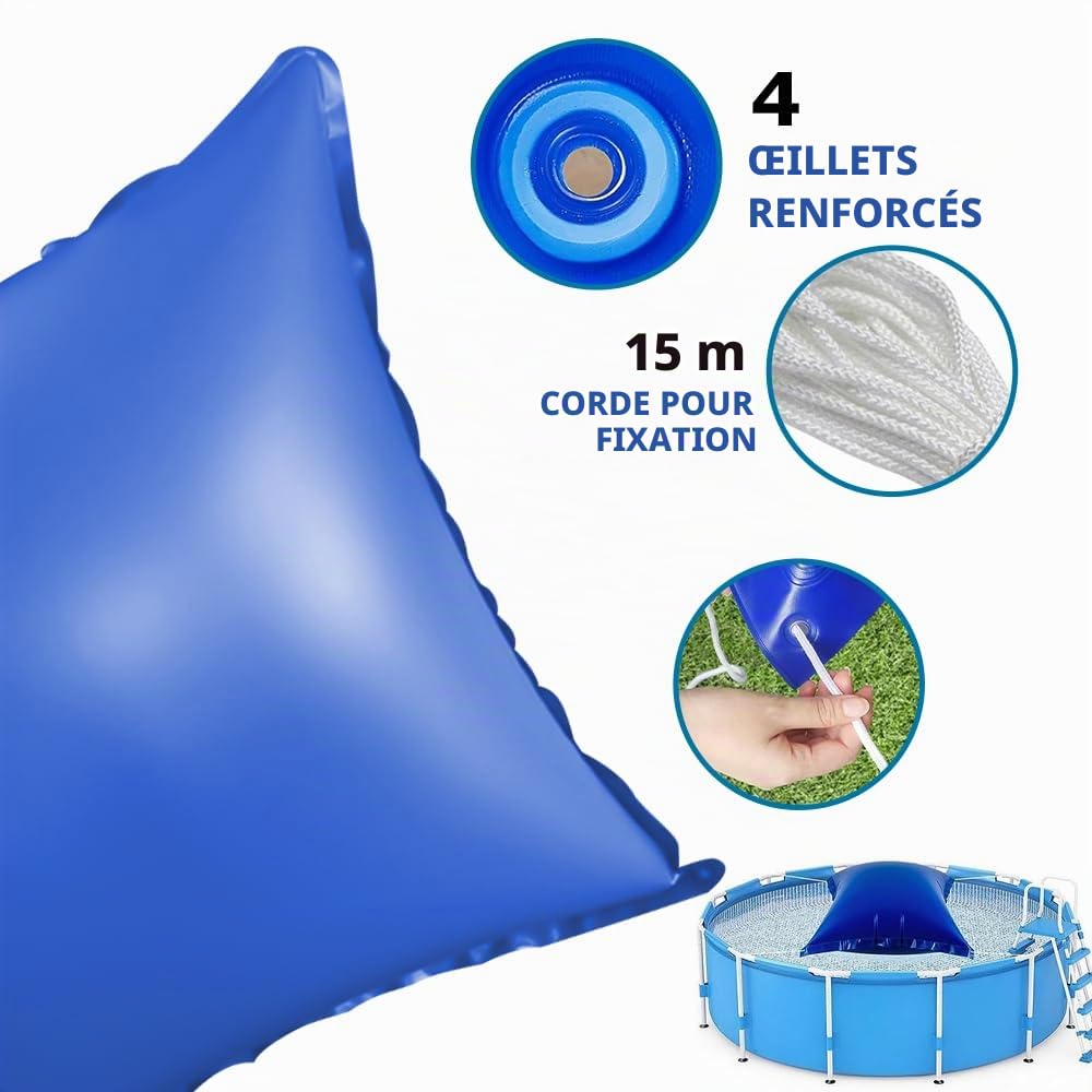 Oreillers Gonflables dhiver, Afenau 120cm Coussin dair de Piscine Hiver avec Trous et Corde, 0,28 mm dépaisseur Coussin Piscine Hivernage, PVC Coussin de Piscine Hiver pour Abri de Pisc, Carré