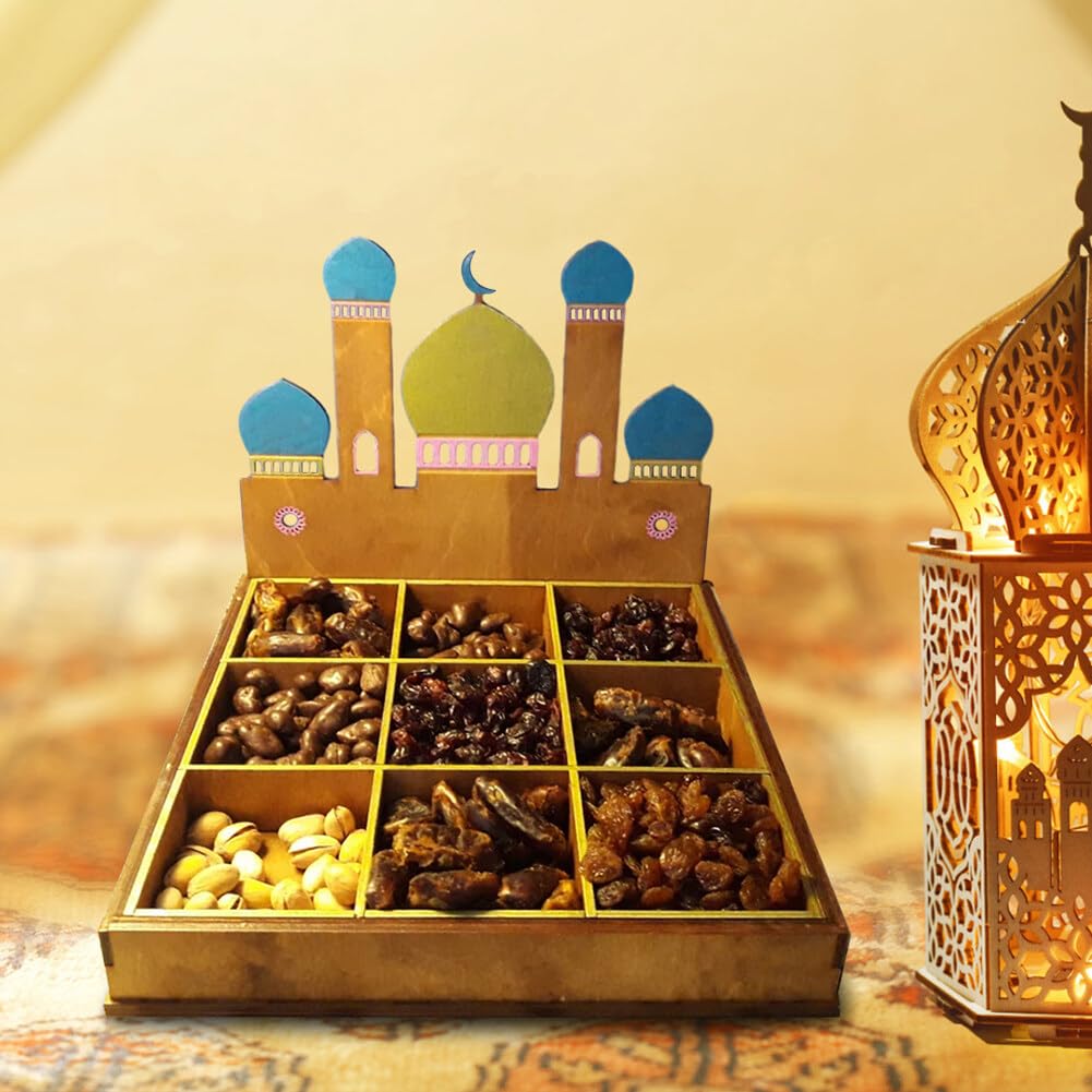 Vassoio Portatutto In Legno Con Motivo Luna E Stella - Decorazione Tradizionale Per Eid Mubarak E Ramadan