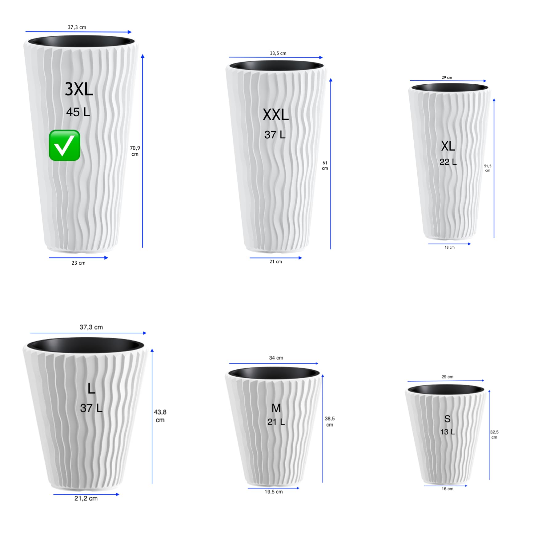 MELTOM Vaso per piante con effetto ondulato verticale, inserto rimovibile in plastica (Bianco, 3XL)