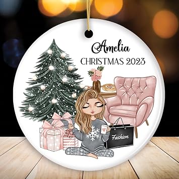 Glamorous Girl Personalized Christmas Ornament, Fashionista Teenager Shopping Addict Circle