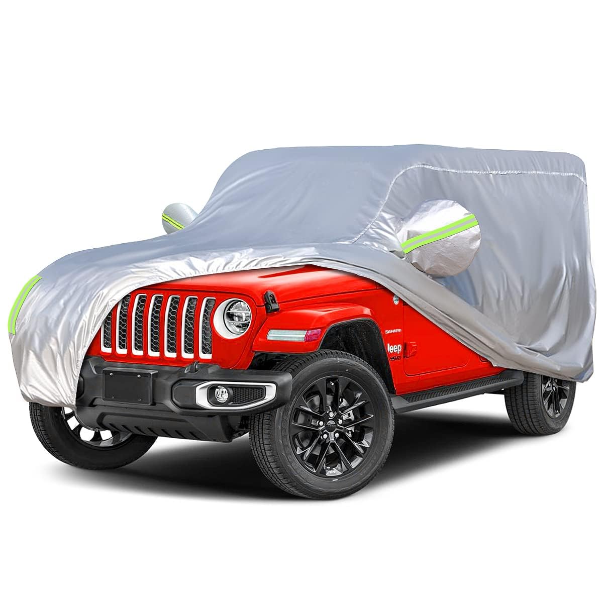 Waterproof Car Cover for Jeep Wrangler JK JL 4 Door All Weather Protection Waterproof Sun Rain Dust Wind Snow Protection with Driver Door Zipper (Silver)