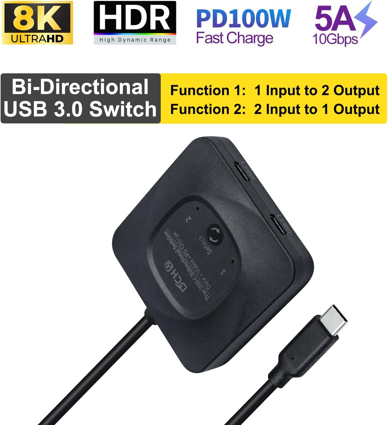 USB C Switch for 2 Computers, Bi-Directional Type C USB 3.0 Switcher ab Selector 8K@60Hz 4K 10Gbps Video Data Transfer Power Delivery PD 100W Share Monitor Keyboard Mouse Printer