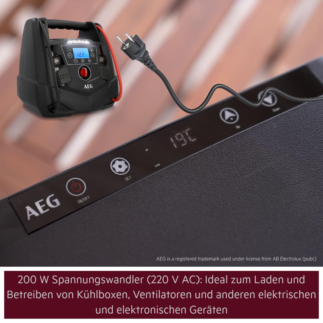 AEG Tragbare 12V Energiestation Auto Starthilfe, Powerstation mit Luftkompressor, 220V Spannungswandler, Steckdose,mit 4 USB, Kompatibel mit PKW, Schwarz/Rot
