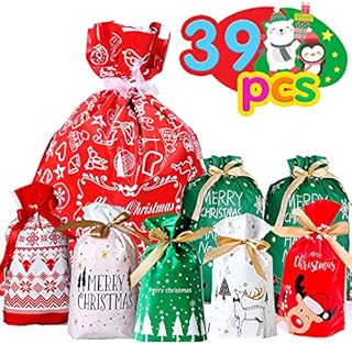 Funnlot 39 PCS Christmas Drawstring Bags Christmas Drawstring Wrapping Gift Bags Christmas Goody Bags Gift Wrapping Assorted Sizes Christmas Gift Bags with Tags for Xmas Treat Candy Bags with Ribbon