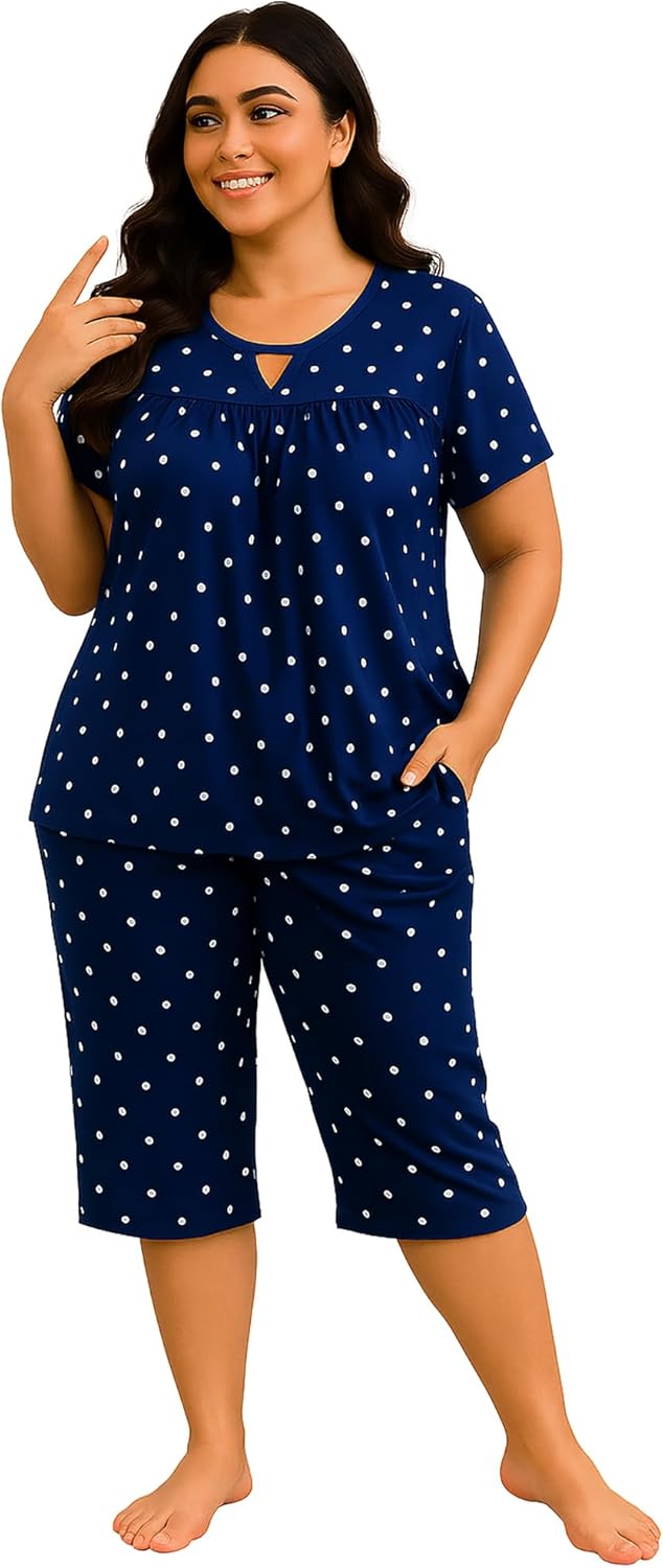 Heat Move Women’s Plus Size 2-Piece Pajama Set – Soft Short Sleeve Top & Capri Pant Sleepwear with Pockets, L-5XL