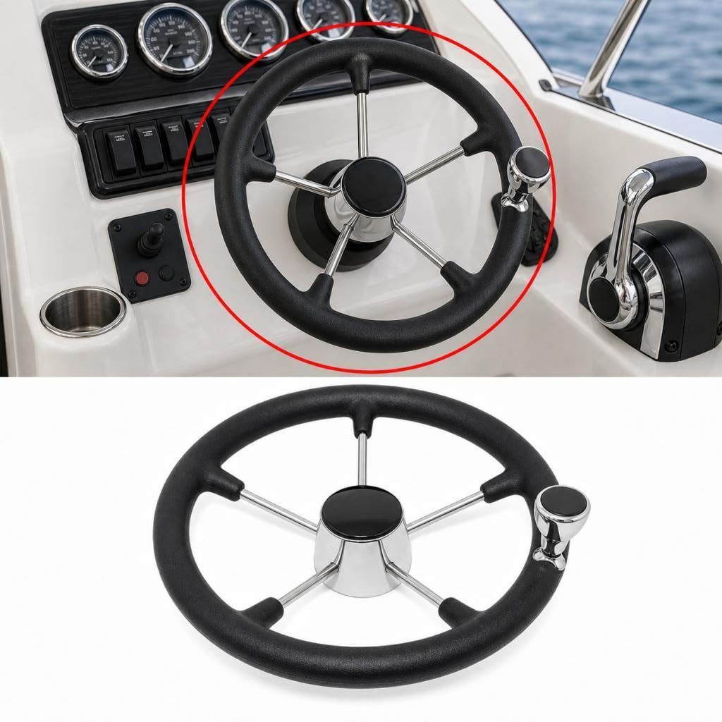 Volante Barca Acciaio Inox Stabilità Navale Sterzo Antiscivolo Presa Ergonomica Direzione Solida Adatto a Yacht Mare Barche da Pesca, 35 Cm con Maniglia