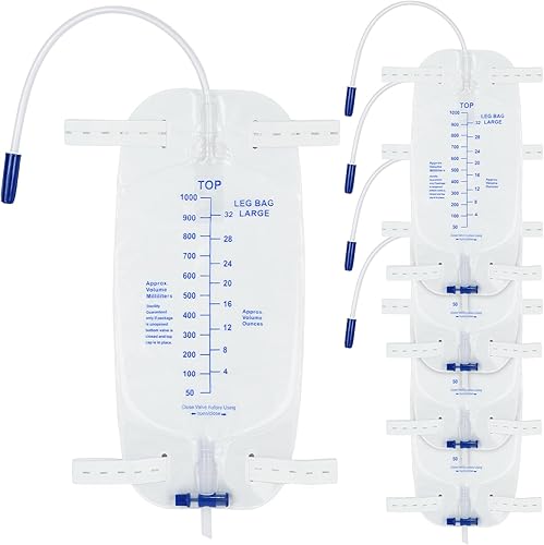 Paquete de 5 bolsas de drenaje de orina para piernas, 33.8 fl oz con válvula antirreflujo, drenaje de tubo de 12 pulgadas y bandas elásticas
