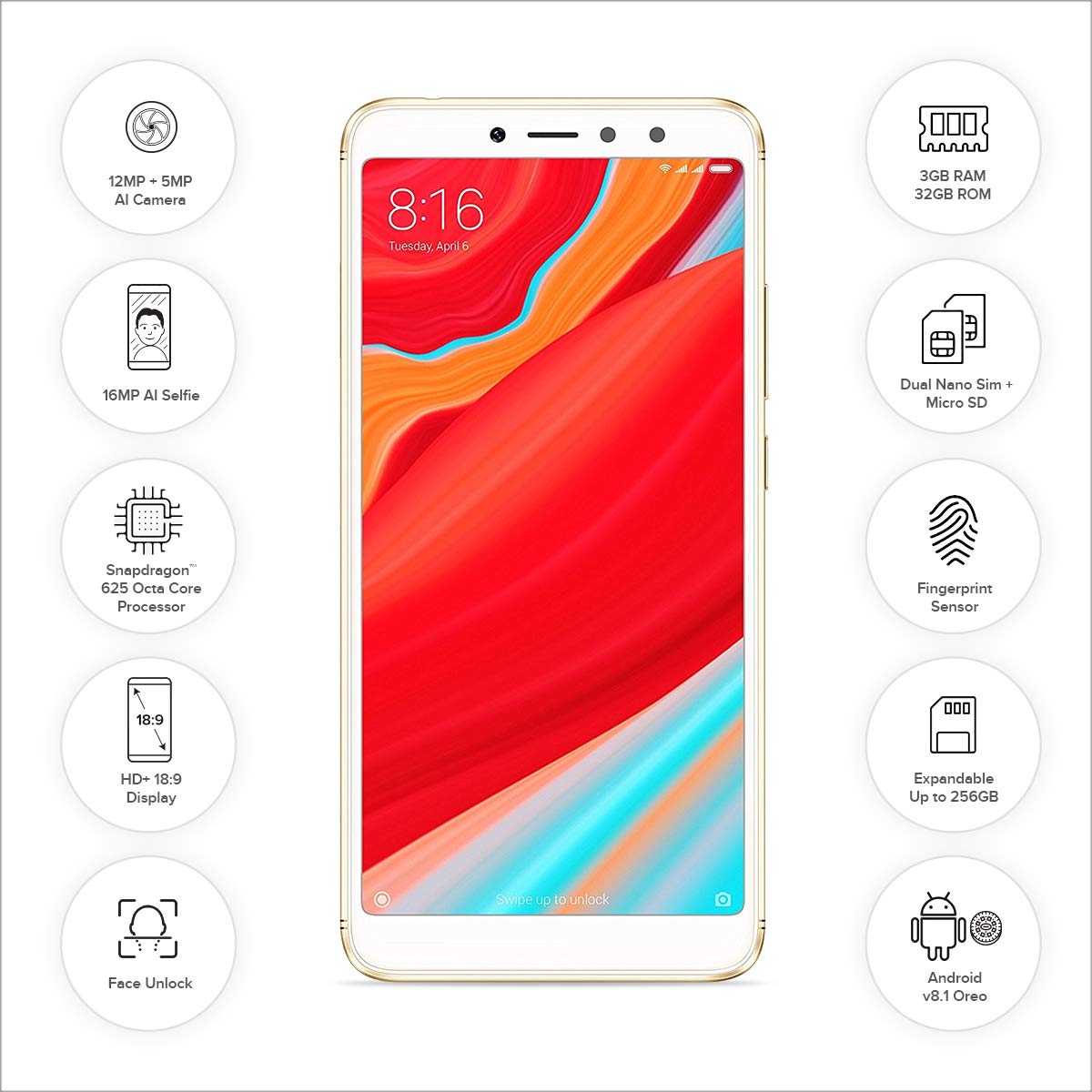 Redmi Y2 smartphone, front view displaying the screen with various app icons and feature callouts.