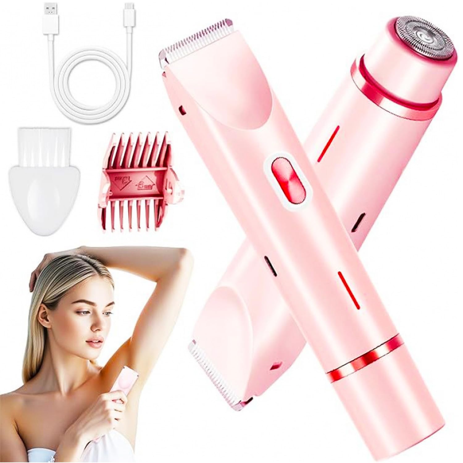 Rasoir Électrique Femme, Tondeuse Intime Double Tête Étanche Rechargeable, Épilateur Électrique Multifonction, Épilation Maillot Femme pour Jambes, Aisselles, Sourcils, Nez (rose)