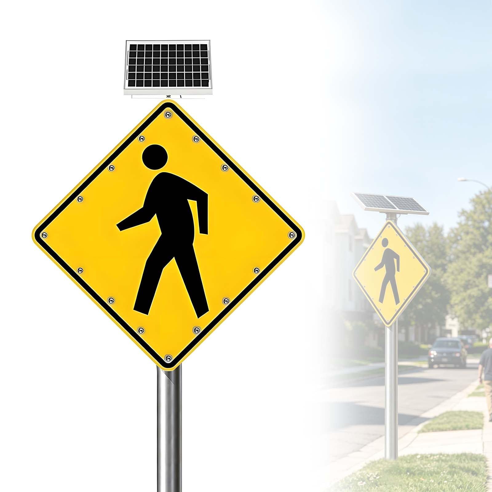 QFGain Solar Flashing Warning Sign for Pedestrian Crossing, IP65 Waterproof Aluminum Housing, 16 LED Strobe Beacon for School Zone, Easy Pole Mount 30in