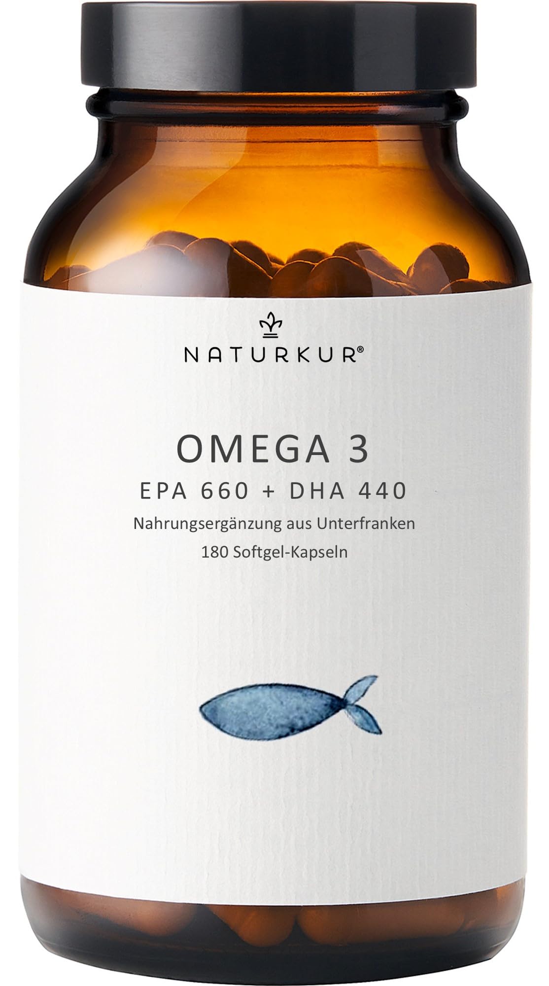 Naturkur® Omega-3 180 Fischöl Kapseln im Apothekerglas - EPA 660mg & DHA 440mg pro Portion - ohne unnötige Zusätze hergestellt in Unterfranken