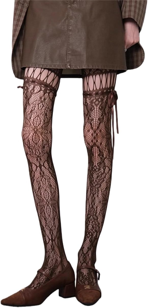 Mrotrida Women's Lace Bow Tie Flora Pattern Tights JK Strap Lace Hollow Flower Fishnet Stocking Cosplay Party Pantyhose