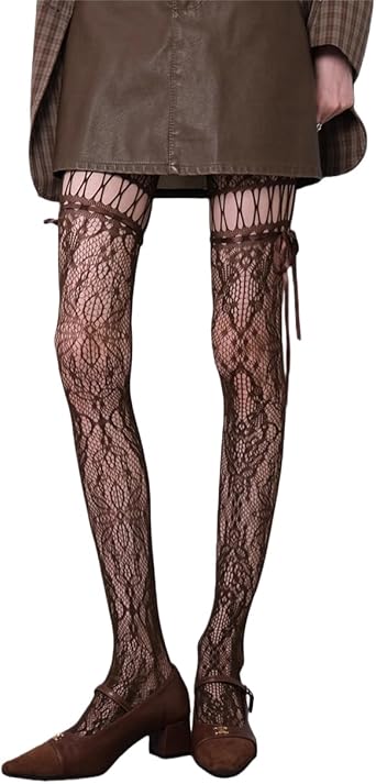 Mrotrida Womens Lace Bow Tie Flora Pattern Tights JK Strap Lace Hollow Flower Fishnet Stocking Cosplay Party Pantyhose