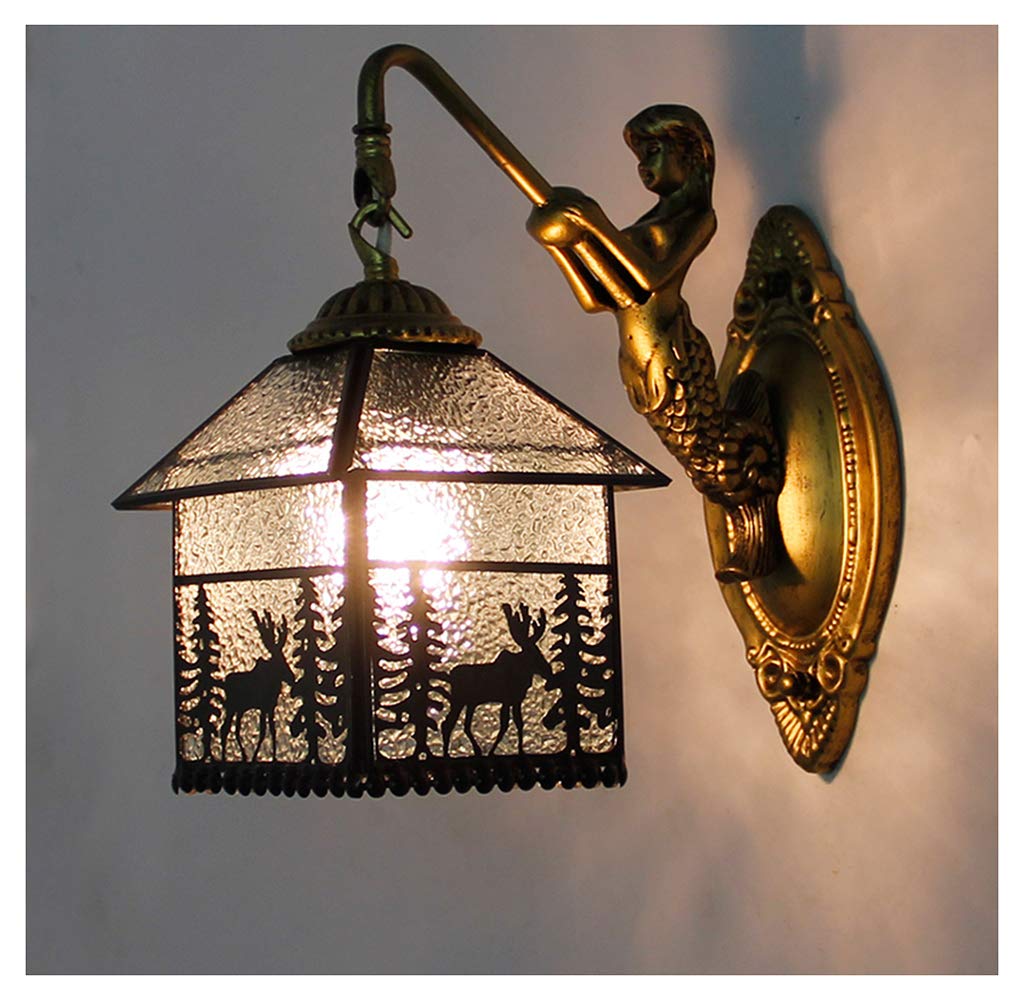 Aioneer Single Head Wall Lamp, Tiffany Style Mediterranean Stained Glass House Wall Light, Corridor Aisle Bedroom Sconces, Iron Base, E27, A
