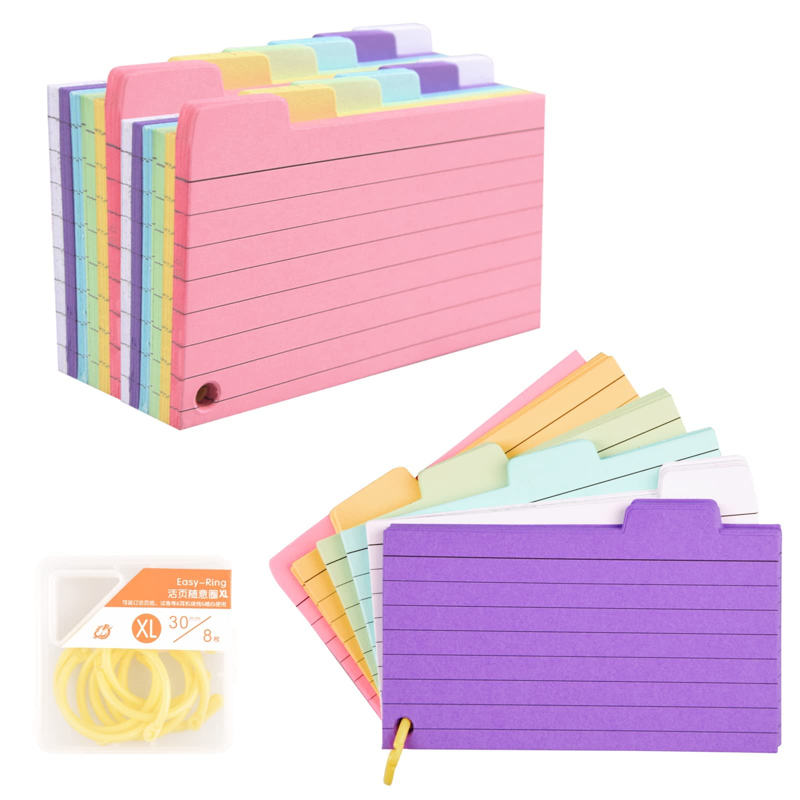 Buy Tabbed Index Cards, 300PCS Colourful Flash Cards with 8 Binder Rings, Ruled Revision Cards